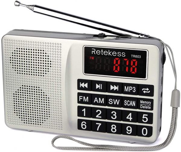 Retekess TR603 Tragbares AM FM Radio Kurzwellenradio Unterstützt SD Karte USB Drive AUX Eingang MP3 Player Lautsprecher Große Taste LCD Display Wiederaufladbare Lithium-Ionen-Batterie (Silber)