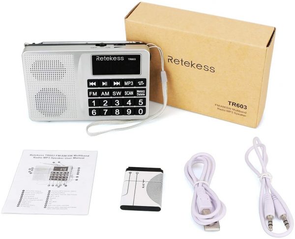 Retekess TR603 Tragbares AM FM Radio Kurzwellenradio Unterstützt SD Karte USB Drive AUX Eingang MP3 Player Lautsprecher Große Taste LCD Display Wiederaufladbare Lithium-Ionen-Batterie (Silber)