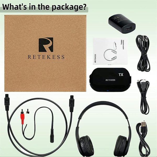 Retekess TA005 Kabellose Kopfhörer für Fernseher, Funkkopfhörer für TV, Eingebauter Wiederaufladbarer Akku,30m Signalreichweite, Unterstützt Stereo, AUX- und RCA-Eingang,Hohe Lautstärke für Senioren