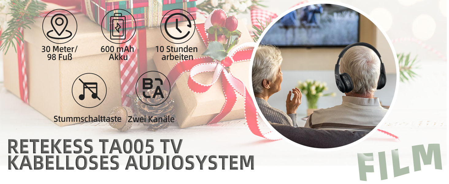 Retekess TA005 Kabellose Kopfhörer für Fernseher, Funkkopfhörer für TV, Eingebauter Wiederaufladbarer Akku,30m Signalreichweite, Unterstützt Stereo, AUX- und RCA-Eingang,Hohe Lautstärke für Senioren