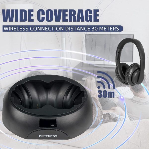 Retekess TA006 Kabellose Kopfhörer für Fernseher, Funkkopfhörer mit Ladestationv, 30 Meter Reichweite, 8 Stunden Akkukapazität Stereo Kopfhörer mit 3.5mm, RCA Eingang, Koaxialkabel, Audioleitung