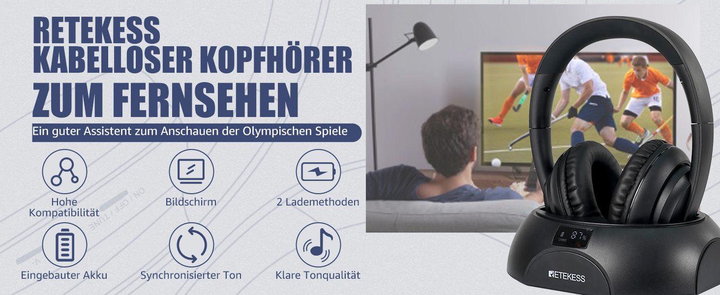 Retekess TA006 Kabellose Kopfhörer für Fernseher, Funkkopfhörer mit Ladestationv, 30 Meter Reichweite, 8 Stunden Akkukapazität Stereo Kopfhörer mit 3.5mm, RCA Eingang, Koaxialkabel, Audioleitung