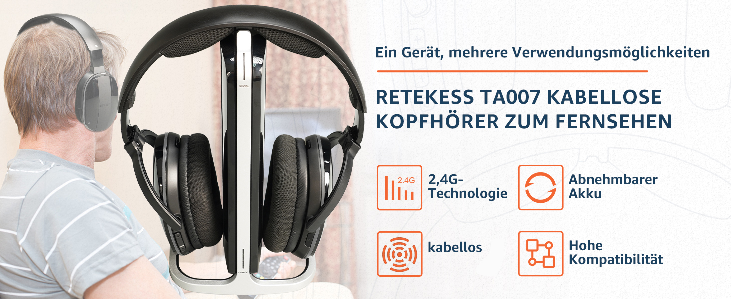 Retekess TA007 Kabellose Kopfhörer für Fernseher, Funkkopfhörer mit Ladestation, 2,4G Sender-Ladestation, Keine Audioverzögerung, 60 m Entfernung an Einem Offenen Ort,Drahtlose Verbindung,für Familie